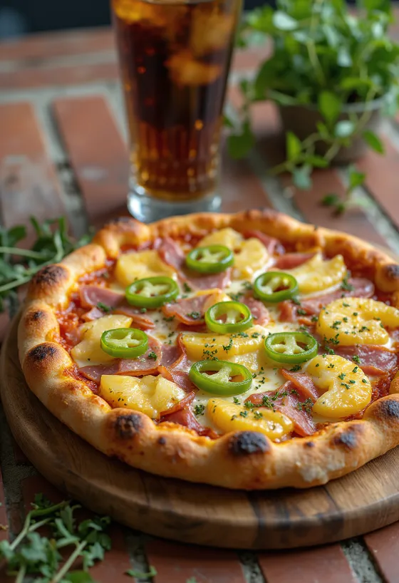Pizza hawajska z jalapeño podana na stół