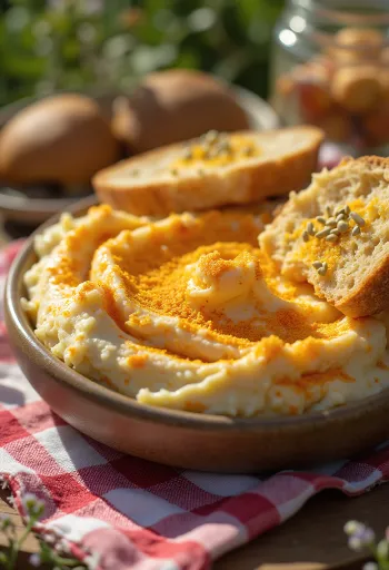 Pasta körözött podana ze świeżymi warzywami i posmarowana na grzance