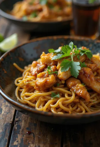 Mee Goreng z kurczakiem, podane ze świeżymi warzywami i jajkiem