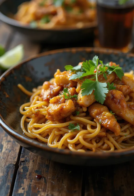 Mee Goreng z kurczakiem, podane ze świeżymi warzywami i jajkiem