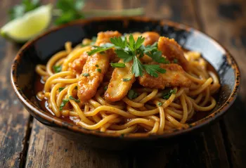 Mee Goreng z kurczakiem, podane ze świeżymi warzywami i jajkiem