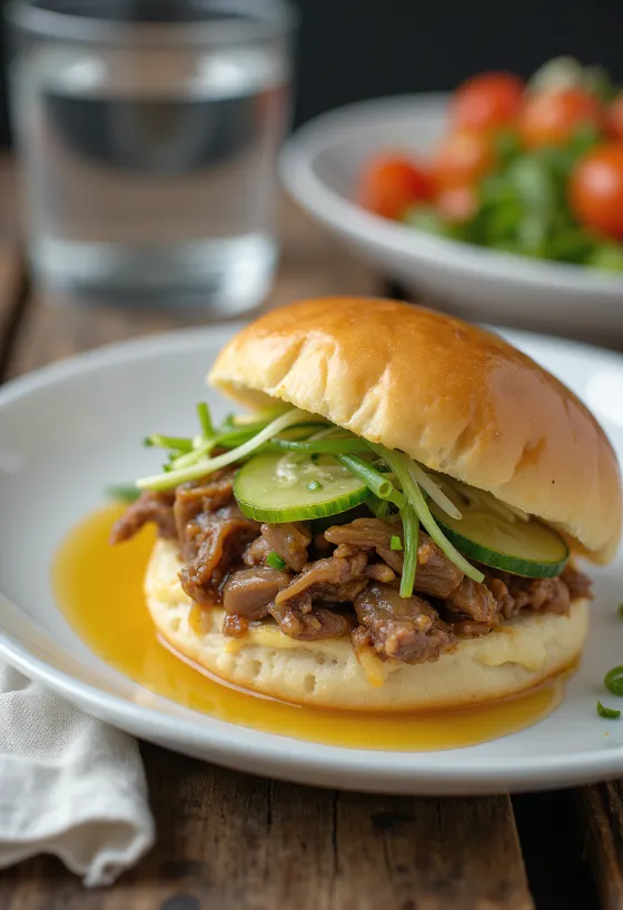 Bułeczki bao z wołowiną w musztardzie podane na talerzu