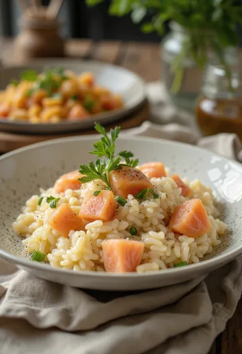Risotto z łososiem, bogate kremowe risotto, udekorowane kawałkami pieczonego łososia i pietruszką