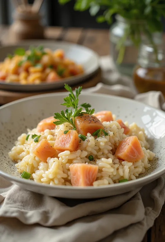 Risotto z łososiem, bogate kremowe risotto, udekorowane kawałkami pieczonego łososia i pietruszką