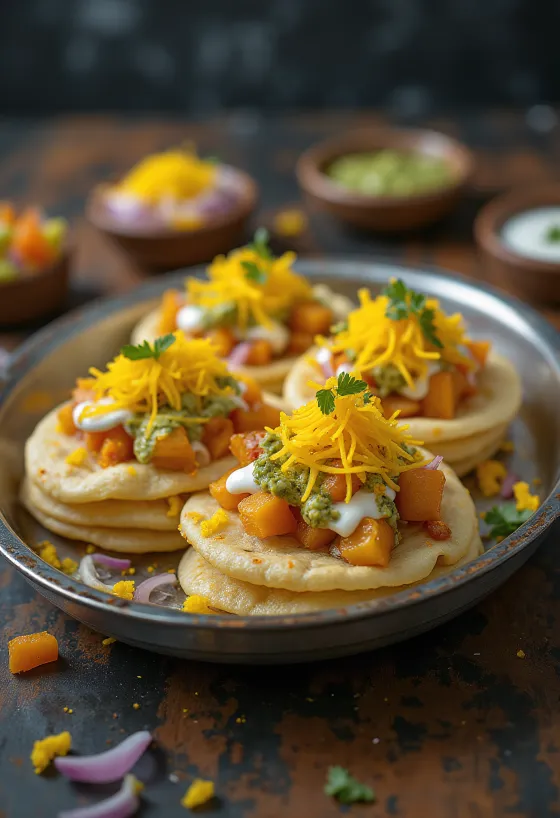 Sev puri z pikantnym zielonym chutneyem, chrupiące puri, kremowy jogurt i świeże zielone zioła