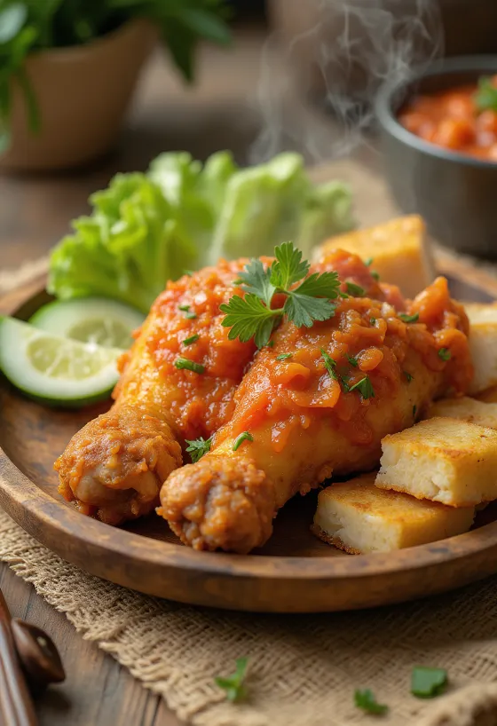 Kurczak Ayam Penyet podawany z ostrym sosem sambal