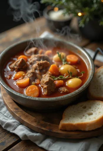Bogracz gulaszowy podany z dymnym aromatem, bogato, ze świeżym chlebem