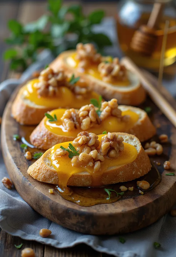 Bruschetta z miodem i orzechami, udekorowana świeżą bazylią