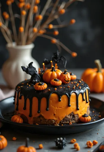 Tort na Halloween z pomarańczową masą cukrową i czarną dekoracją