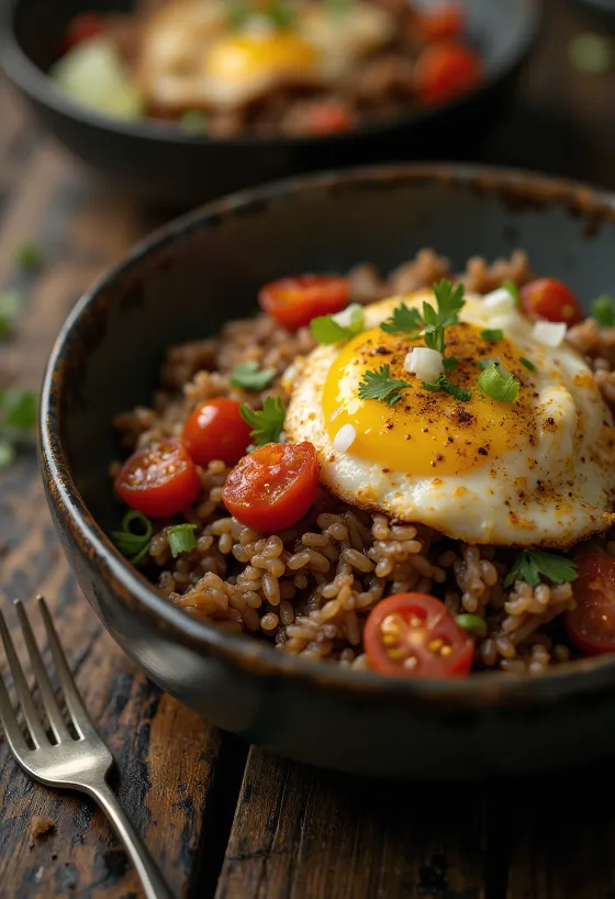 Nasi Goreng z pomidorami, podawane z bogatymi przyprawami i świeżymi pomidorami