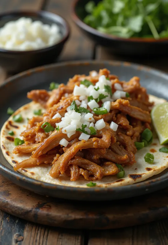 Pork carnitas podawane w ciepłych tortillach