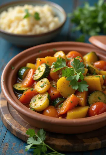 Klasyczny tagine z warzywami, podawany z bogactwem przypraw, ze świeżą kolendrą