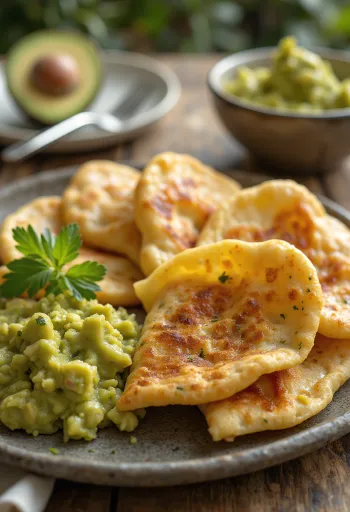Quesadilla nadziewana guacamole i roztopionym serem, pokrojona w plastry, usmażona na chrupko