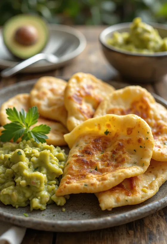 Quesadilla nadziewana guacamole i roztopionym serem, pokrojona w plastry, usmażona na chrupko